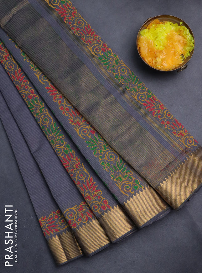 Mangalgiri cotton block printed saree grey with floral butta prints and zari woven border