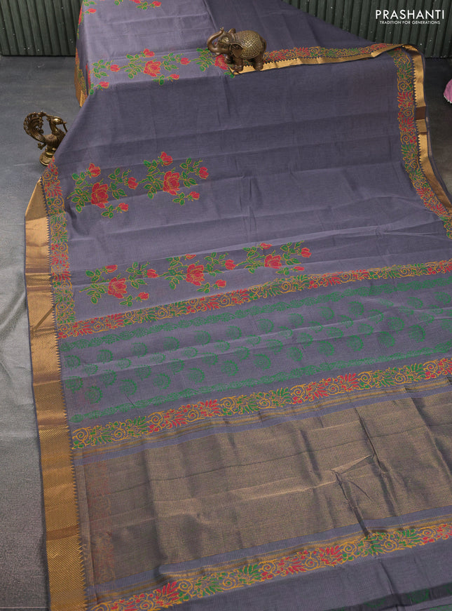 Mangalgiri cotton block printed saree grey with floral butta prints and zari woven border