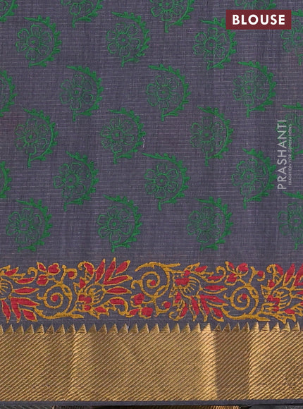 Mangalgiri cotton block printed saree grey with floral butta prints and zari woven border