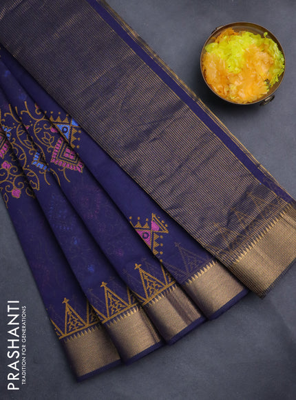 Mangalgiri cotton block printed saree dark blue with butta prints and zari woven border