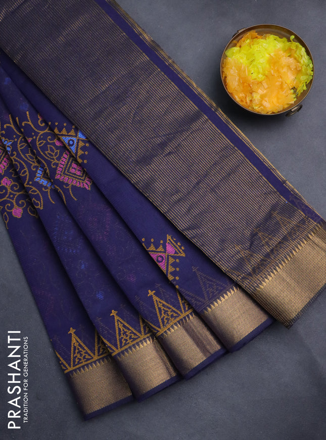 Mangalgiri cotton block printed saree dark blue with butta prints and zari woven border