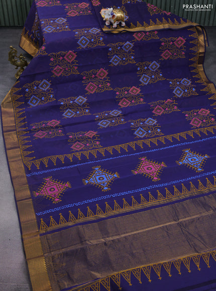 Mangalgiri cotton block printed saree dark blue with butta prints and zari woven border