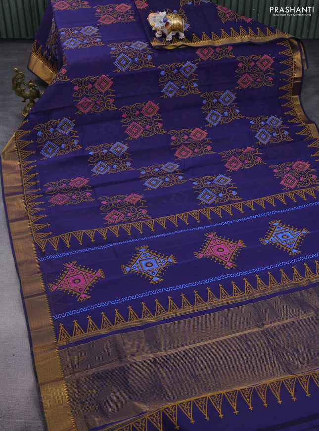 Mangalgiri cotton block printed saree dark blue with butta prints and zari woven border