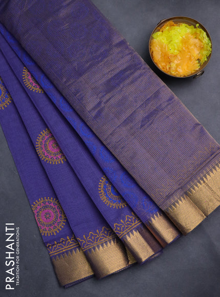 Mangalgiri cotton block printed saree violet with butta prints and zari woven border