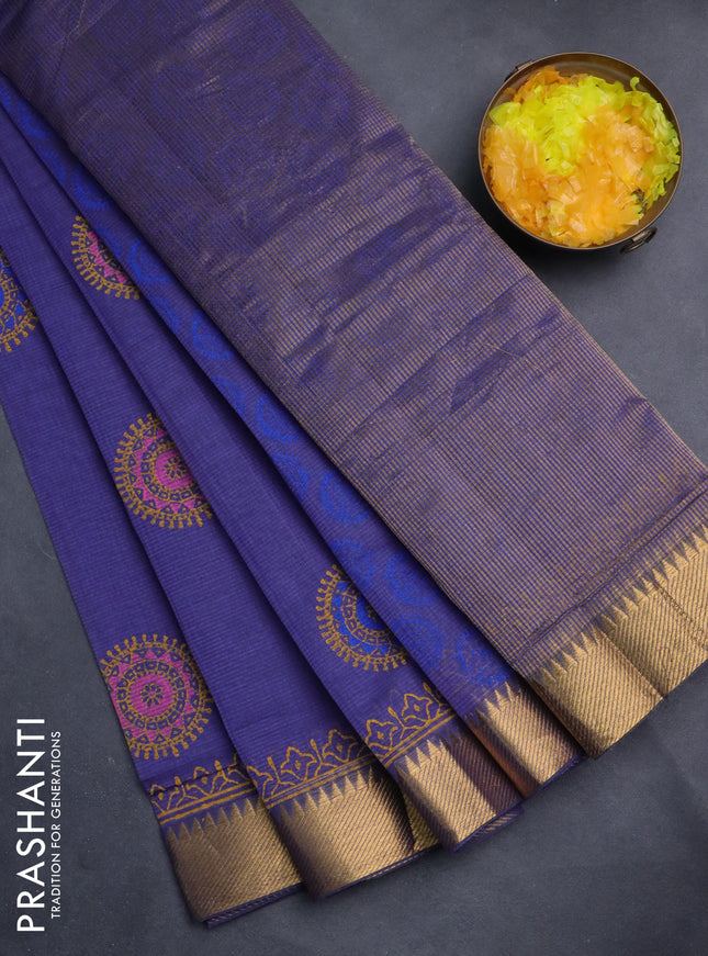 Mangalgiri cotton block printed saree violet with butta prints and zari woven border