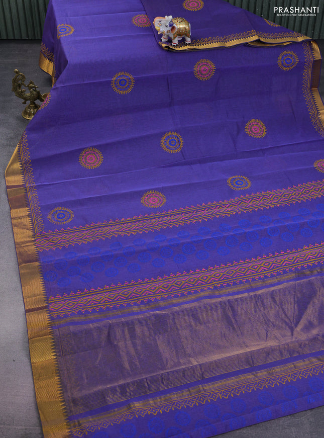 Mangalgiri cotton block printed saree violet with butta prints and zari woven border
