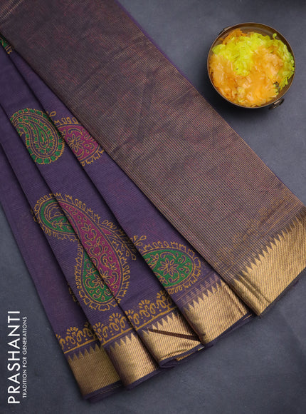 Mangalgiri cotton block printed saree pastel purple with paisley butta prints and zari woven border