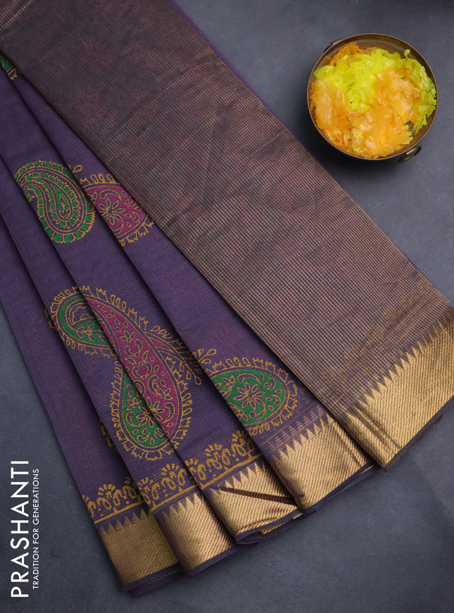 Mangalgiri cotton block printed saree pastel purple with paisley butta prints and zari woven border