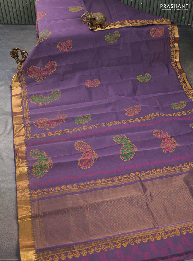 Mangalgiri cotton block printed saree pastel purple with paisley butta prints and zari woven border