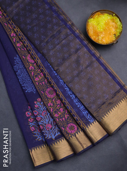 Mangalgiri cotton block printed saree dark blue with floral butta prints and zari woven border