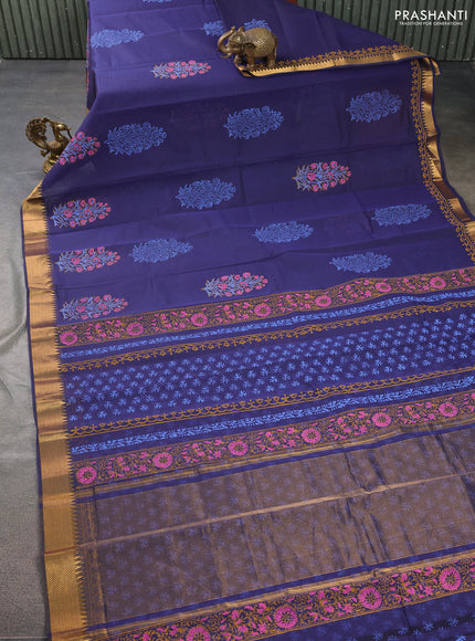 Mangalgiri cotton block printed saree dark blue with floral butta prints and zari woven border