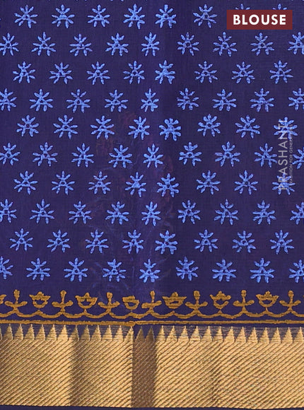 Mangalgiri cotton block printed saree dark blue with floral butta prints and zari woven border
