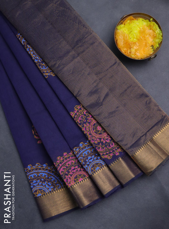Mangalgiri cotton block printed saree dark blue with butta prints and zari woven border