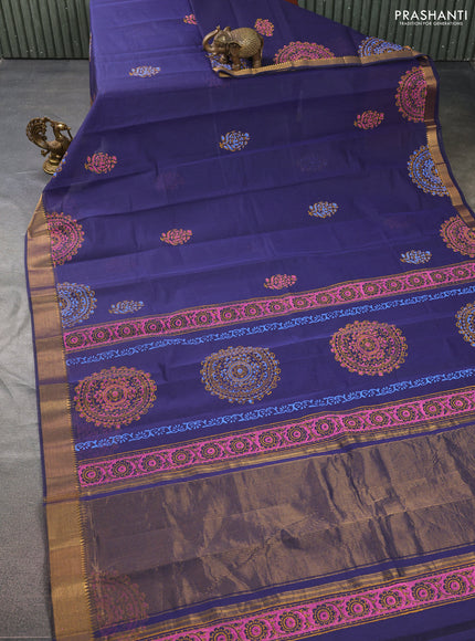 Mangalgiri cotton block printed saree dark blue with butta prints and zari woven border