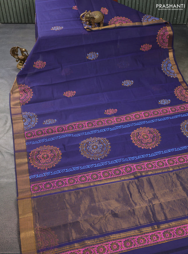 Mangalgiri cotton block printed saree dark blue with butta prints and zari woven border