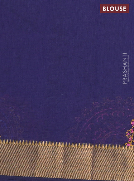Mangalgiri cotton block printed saree dark blue with butta prints and zari woven border
