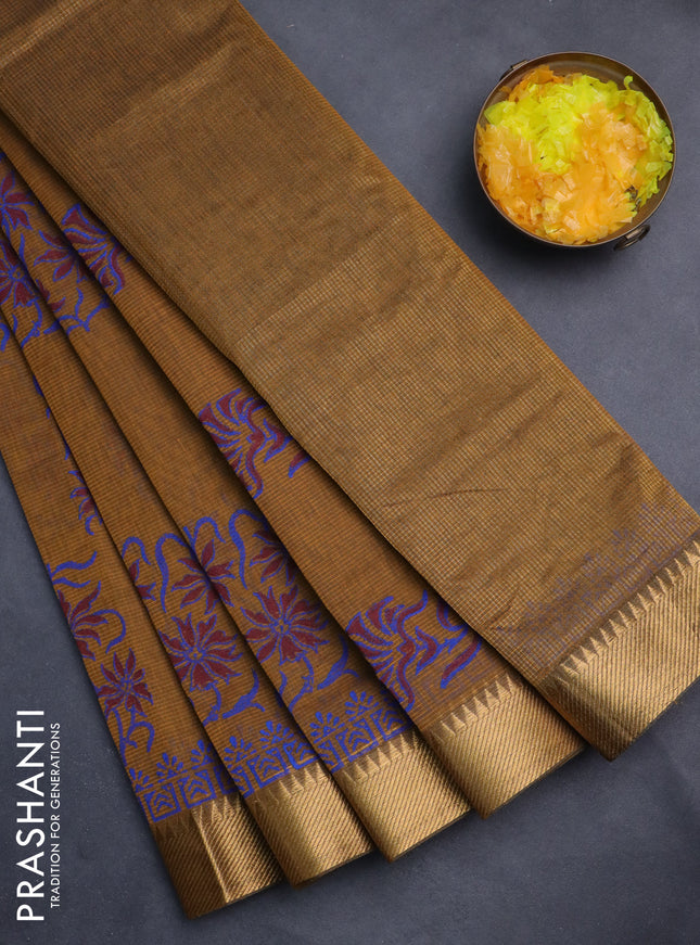 Mangalgiri cotton block printed saree dark mustard with allover prints and zari woven border