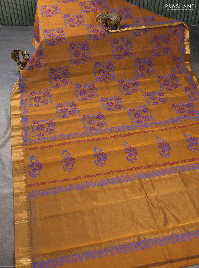 Mangalgiri cotton block printed saree dark mustard with allover prints and zari woven border