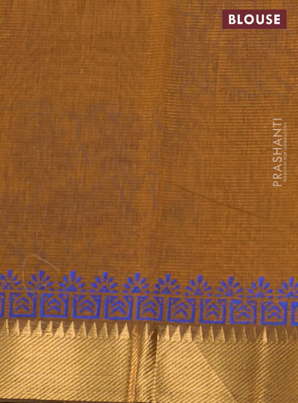 Mangalgiri cotton block printed saree dark mustard with allover prints and zari woven border