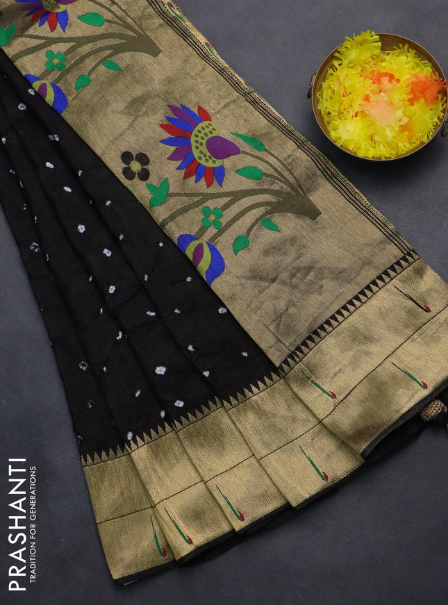 Dola silk bandhini saree black with allover bandhini prints and muniya butta border & Paithani pallu