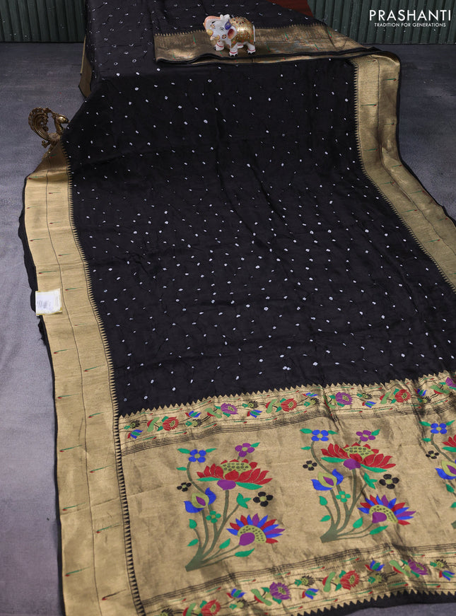 Dola silk bandhini saree black with allover bandhini prints and muniya butta border & Paithani pallu