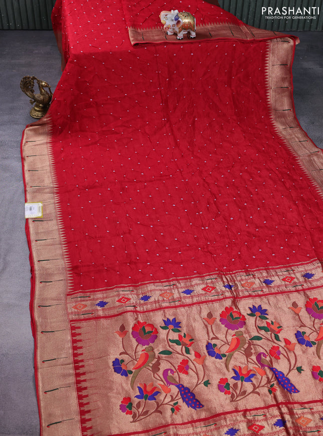 Dola silk bandhini saree red with allover bandhini prints and muniya butta border & Paithani pallu