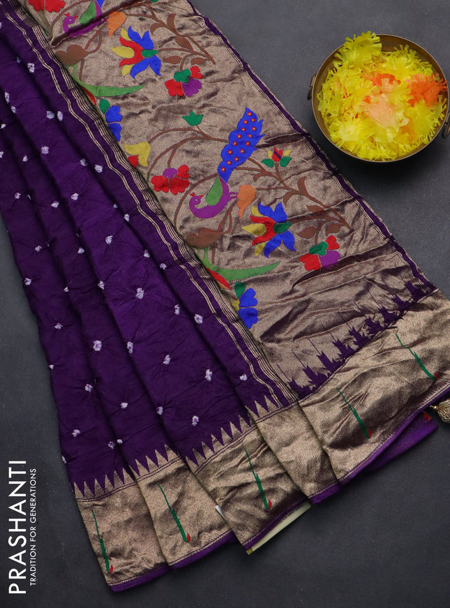 Dola silk bandhini saree violet with allover bandhini prints and muniya butta border & Paithani pallu