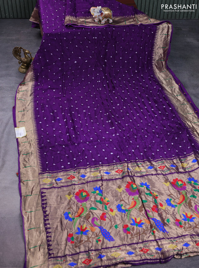 Dola silk bandhini saree violet with allover bandhini prints and muniya butta border & Paithani pallu