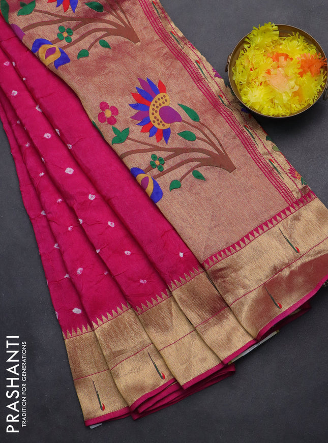 Dola silk bandhini saree pink with allover bandhini prints and muniya butta border & Paithani pallu
