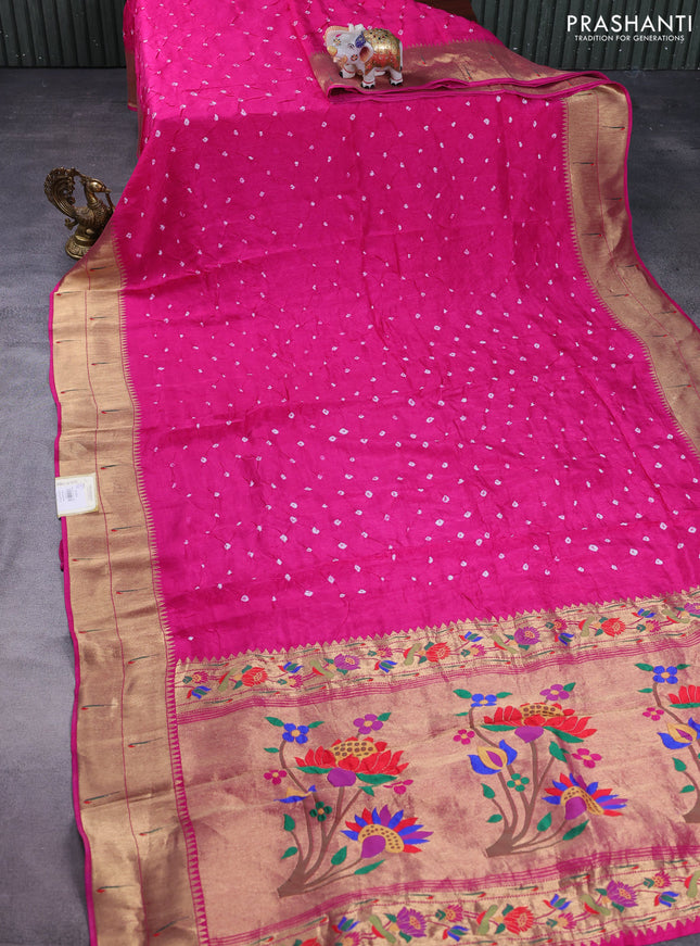 Dola silk bandhini saree pink with allover bandhini prints and muniya butta border & Paithani pallu
