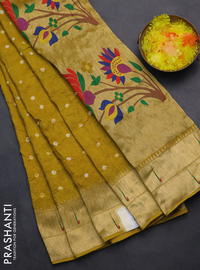 Dola silk bandhini saree lime yellow with allover bandhini prints and muniya butta border & Paithani pallu