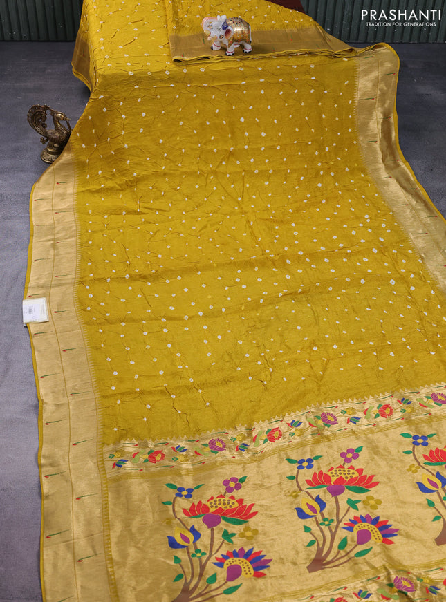 Dola silk bandhini saree lime yellow with allover bandhini prints and muniya butta border & Paithani pallu
