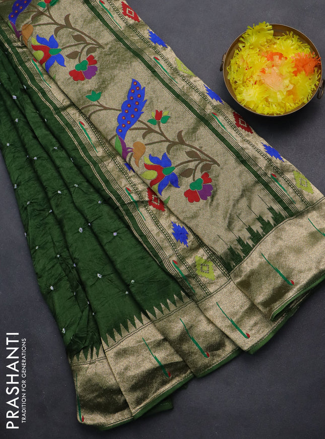 Dola silk bandhini saree green with allover bandhini prints and muniya butta border & Paithani pallu