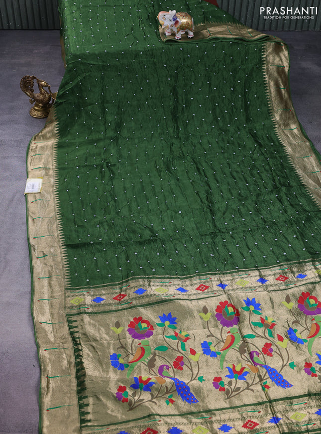 Dola silk bandhini saree green with allover bandhini prints and muniya butta border & Paithani pallu