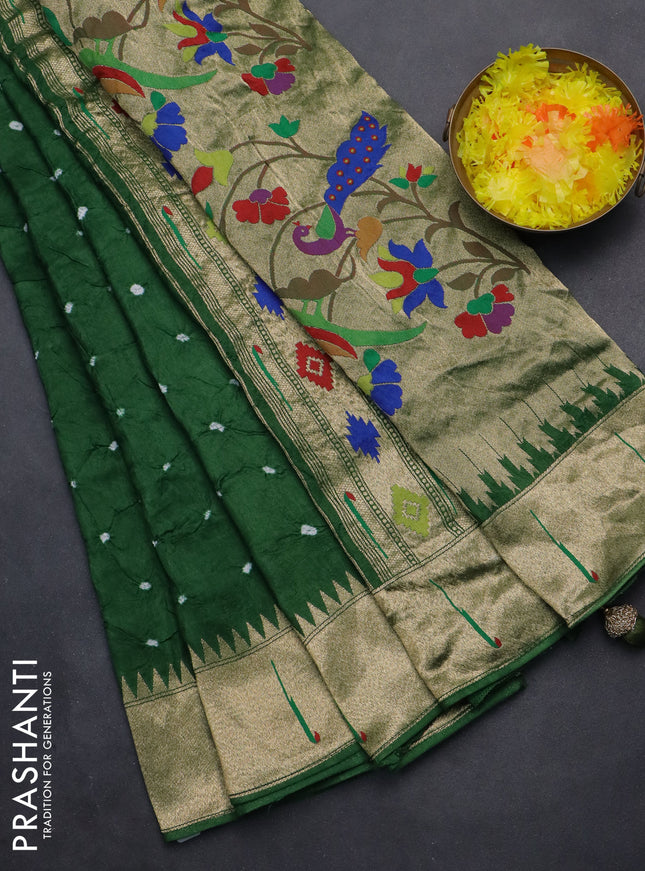Dola silk bandhini saree green with allover bandhini prints and muniya butta border & Paithani pallu