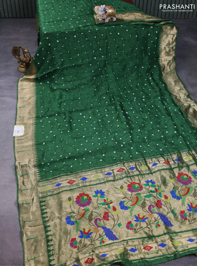 Dola silk bandhini saree green with allover bandhini prints and muniya butta border & Paithani pallu