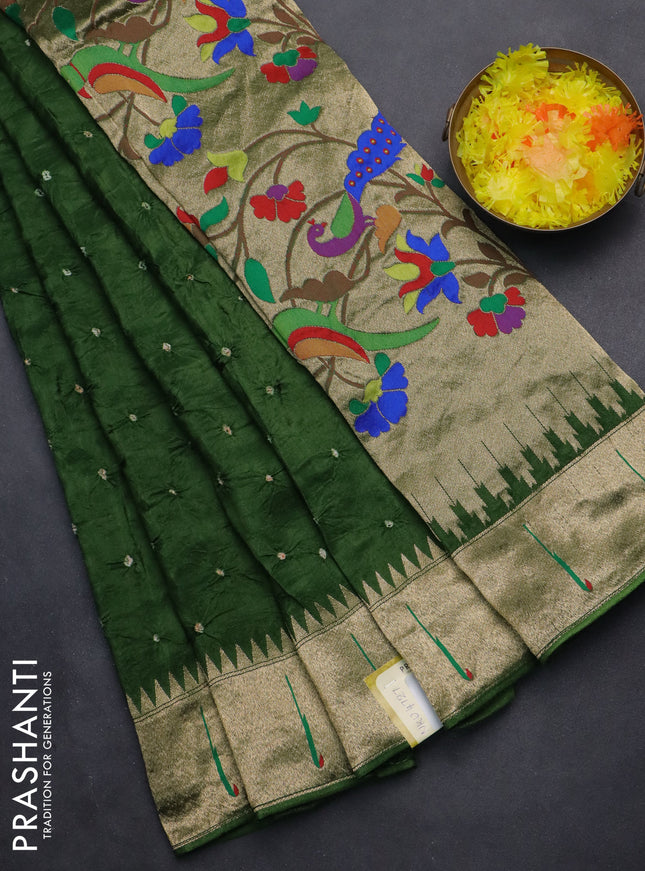 Dola silk bandhini saree green with allover bandhini prints and muniya butta border & Paithani pallu