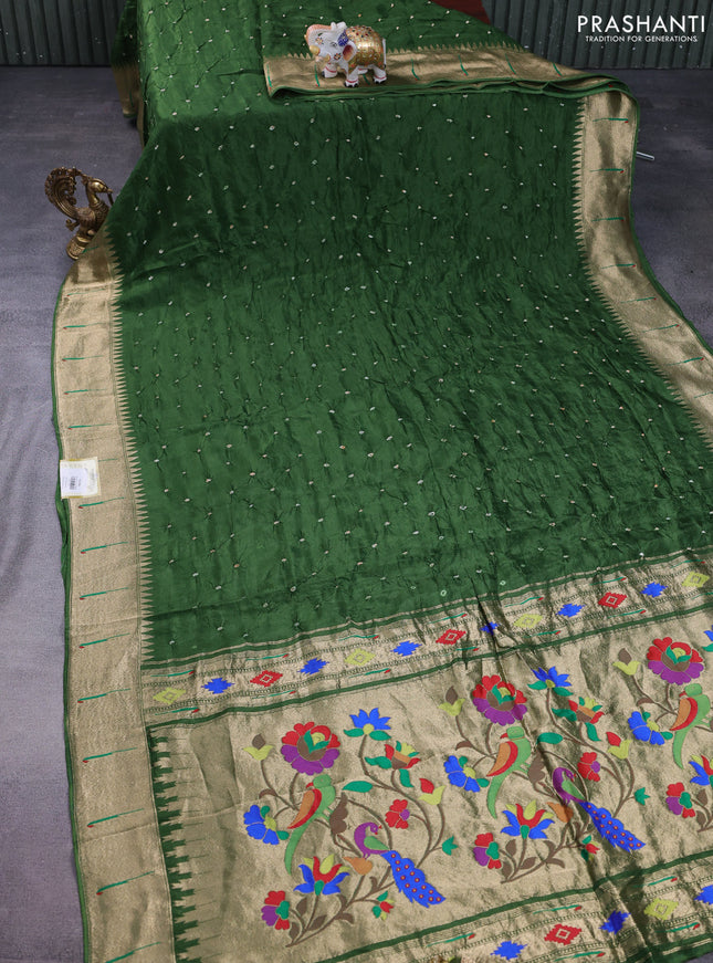 Dola silk bandhini saree green with allover bandhini prints and muniya butta border & Paithani pallu