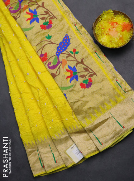 Dola silk bandhini saree yellow with allover bandhini prints and muniya butta border & Paithani pallu