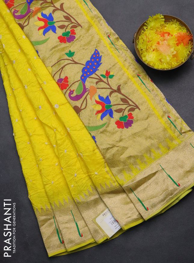 Dola silk bandhini saree yellow with allover bandhini prints and muniya butta border & Paithani pallu