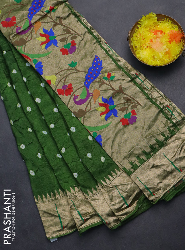 Dola silk bandhini saree green with allover bandhini prints and muniya butta border & Paithani pallu