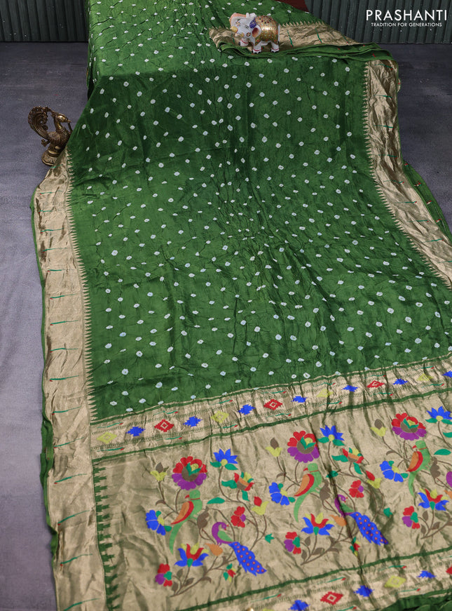 Dola silk bandhini saree green with allover bandhini prints and muniya butta border & Paithani pallu