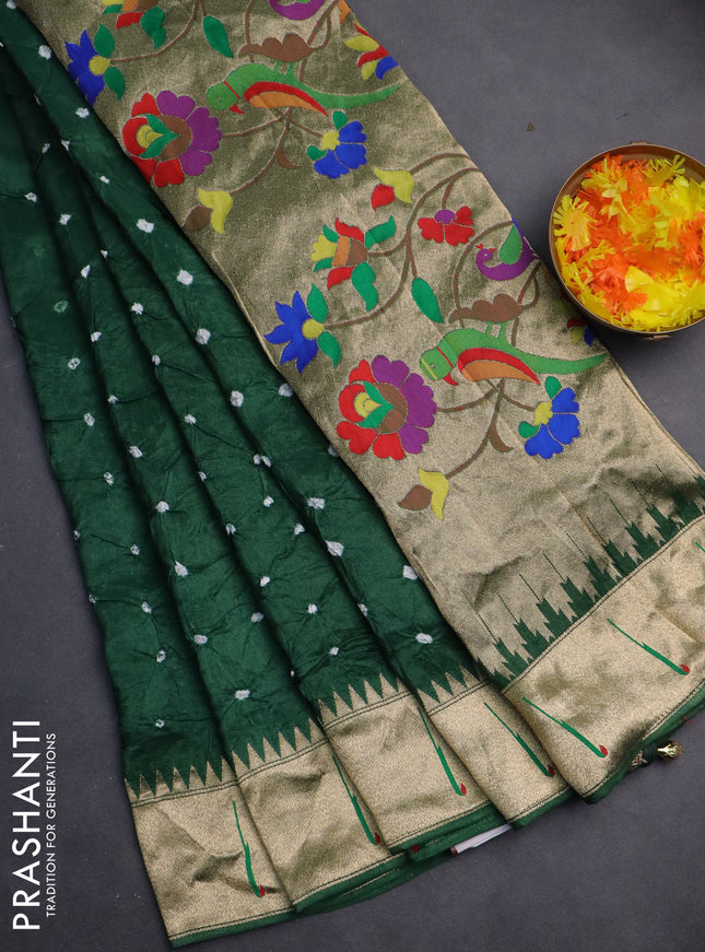 Dola silk bandhini saree green with allover bandhini prints and muniya butta border & Paithani pallu