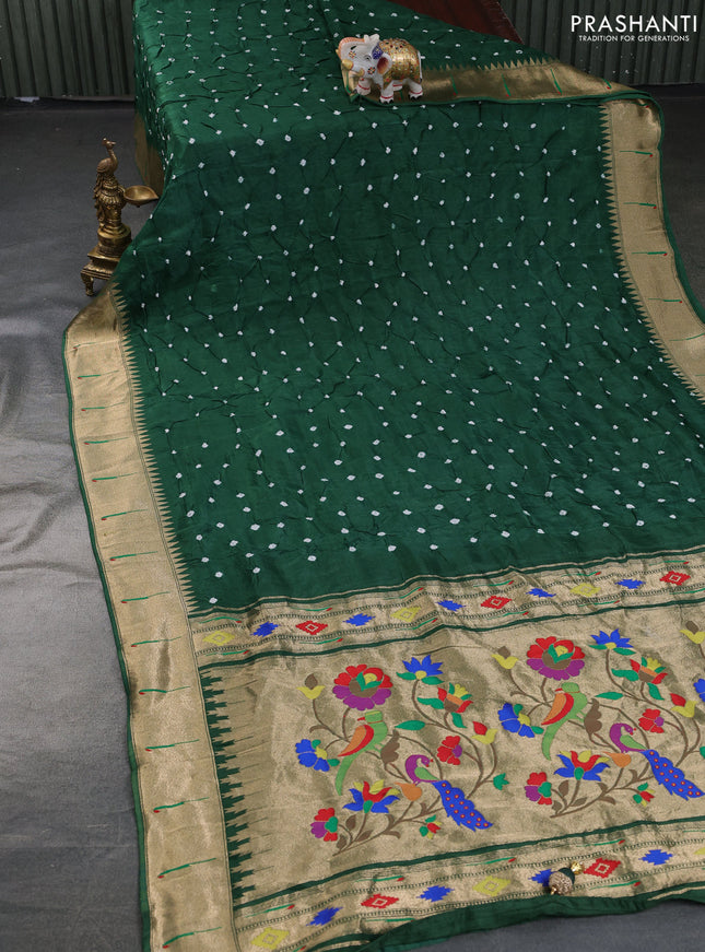 Dola silk bandhini saree green with allover bandhini prints and muniya butta border & Paithani pallu