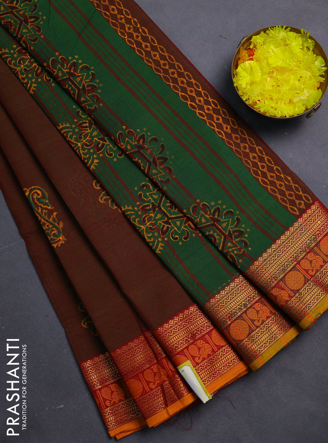 Chettinad cotton saree dual shade of greenish maroon and dark mustard with butta prints and zari woven border