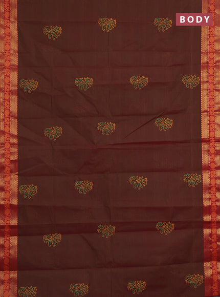 Chettinad cotton saree dual shade of greenish maroon and dark mustard with butta prints and zari woven border