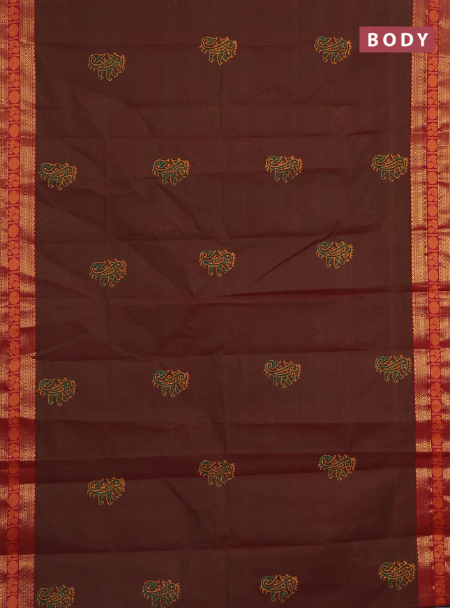 Chettinad cotton saree dual shade of greenish maroon and dark mustard with butta prints and zari woven border