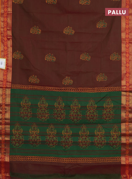 Chettinad cotton saree dual shade of greenish maroon and dark mustard with butta prints and zari woven border