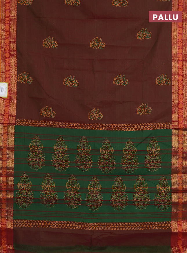 Chettinad cotton saree dual shade of greenish maroon and dark mustard with butta prints and zari woven border