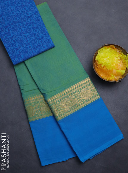 Chettinad cotton saree teal bluish green and cs blue with plain body and zari woven simple border